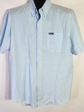 Chaps Easy Care Light Blue Checkered Short Sleeve Button Up Shirt – Size L